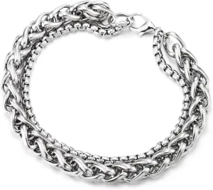 COOLSTEELANDBEYOND Mens Double Chain Bracelet, Wheat Chain Box Chain Layered Design, Two-row, Modern