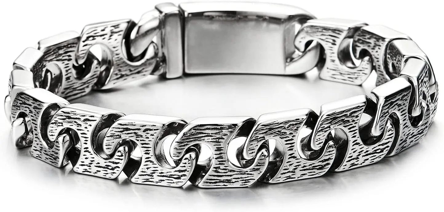 COOLSTEELANDBEYOND Mens Steel Textured Fancy Marine Anchor Link Curb Chain Bracelet, Retro Style, Spring Box Clasp