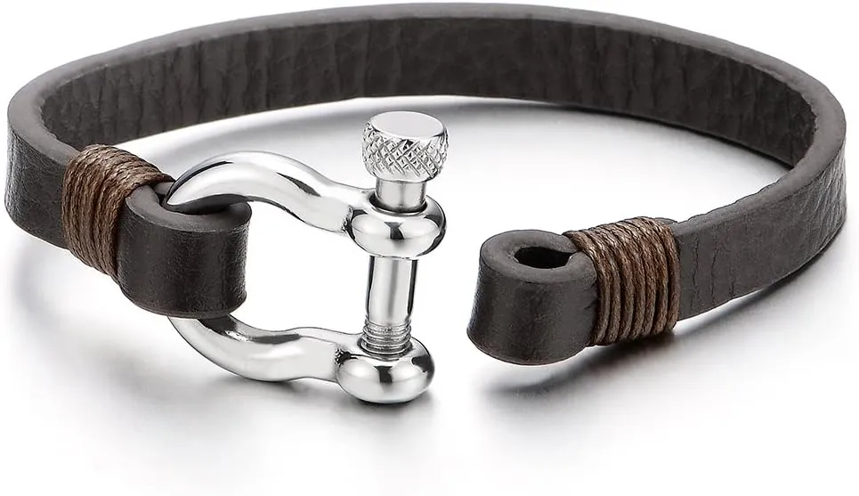 COOLSTEELANDBEYOND Mens Womens Steel Screw Anchor Shackles Wrap Bracelet with Leather, Nautical Sailor Wristband