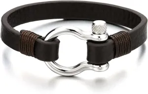 COOLSTEELANDBEYOND Mens Womens Steel Screw Anchor Shackles Wrap Bracelet with Leather, Nautical Sailor Wristband