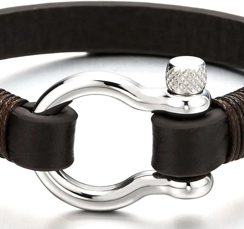 COOLSTEELANDBEYOND Mens Womens Steel Screw Anchor Shackles Wrap Bracelet with Leather, Nautical Sailor Wristband