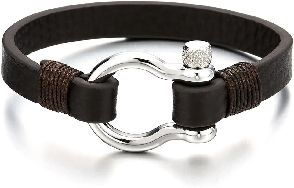 COOLSTEELANDBEYOND Mens Womens Steel Screw Anchor Shackles Wrap Bracelet with Leather, Nautical Sailor Wristband