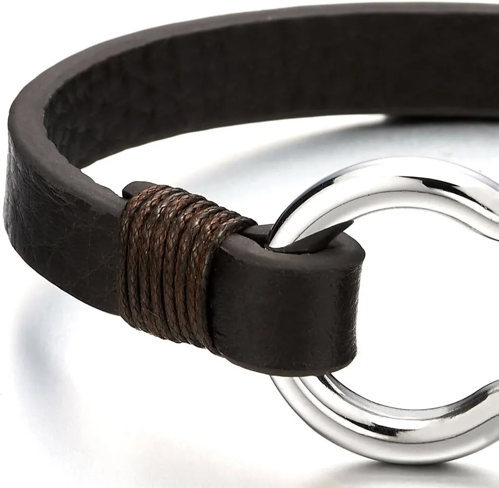 COOLSTEELANDBEYOND Mens Womens Steel Screw Anchor Shackles Wrap Bracelet with Leather, Nautical Sailor Wristband