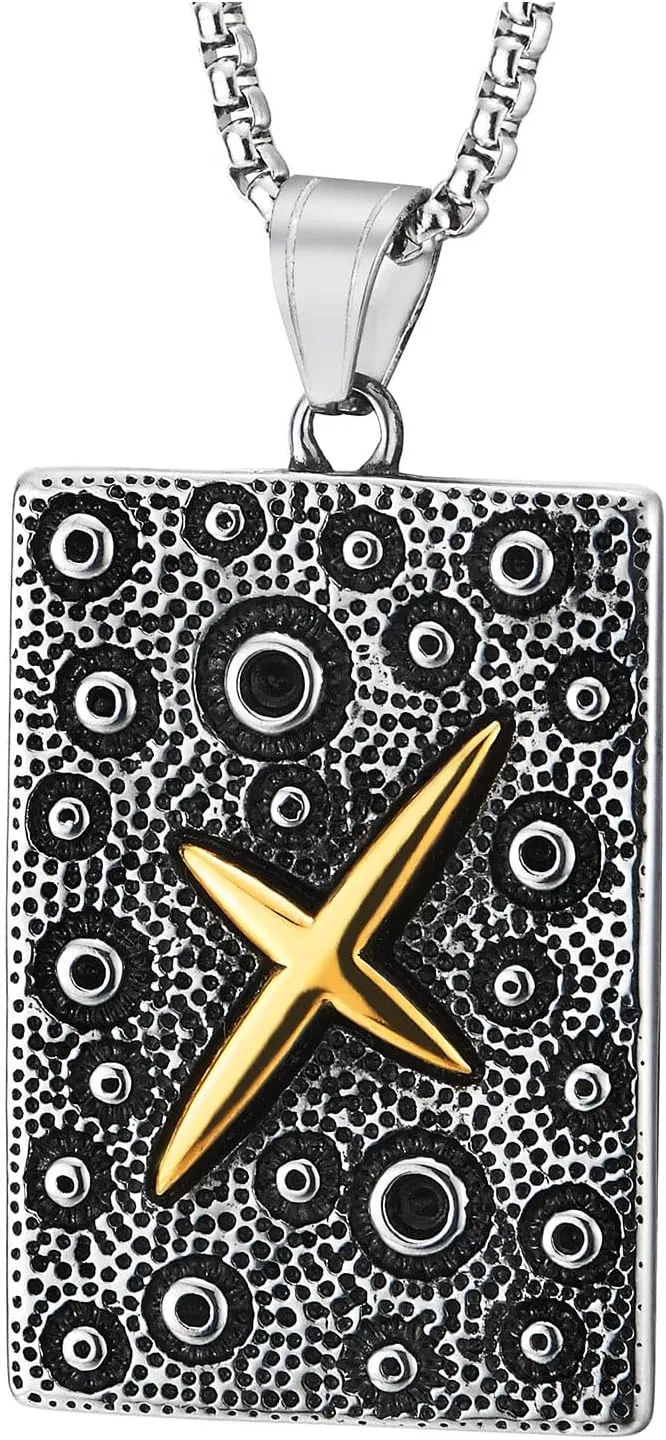 COOLSTEELANDBEYOND Rectangle Star Pendant Necklace for Men, Cosmic Crater Texture Plate with Raised Gold Star