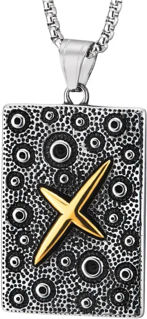 COOLSTEELANDBEYOND Rectangle Star Pendant Necklace for Men, Cosmic Crater Texture Plate with Raised Gold Star