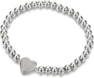 COOLSTEELANDBEYOND Rose Gold Beads Link Charm Bracelet for Women with Cubic Zirconia Heart Charm, Polished