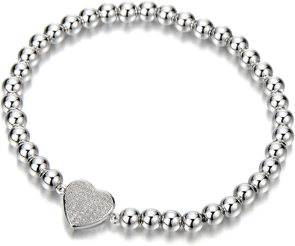 COOLSTEELANDBEYOND Rose Gold Beads Link Charm Bracelet for Women with Cubic Zirconia Heart Charm, Polished