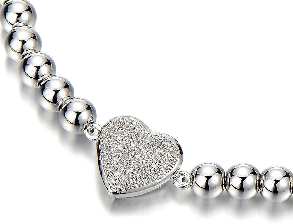 COOLSTEELANDBEYOND Rose Gold Beads Link Charm Bracelet for Women with Cubic Zirconia Heart Charm, Polished