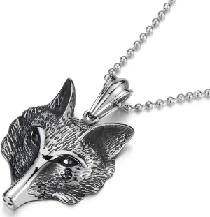 COOLSTEELANDBEYOND Stainless Steel Mens Fox Head Pendant Necklace with 30 inches Steel Ball Chain