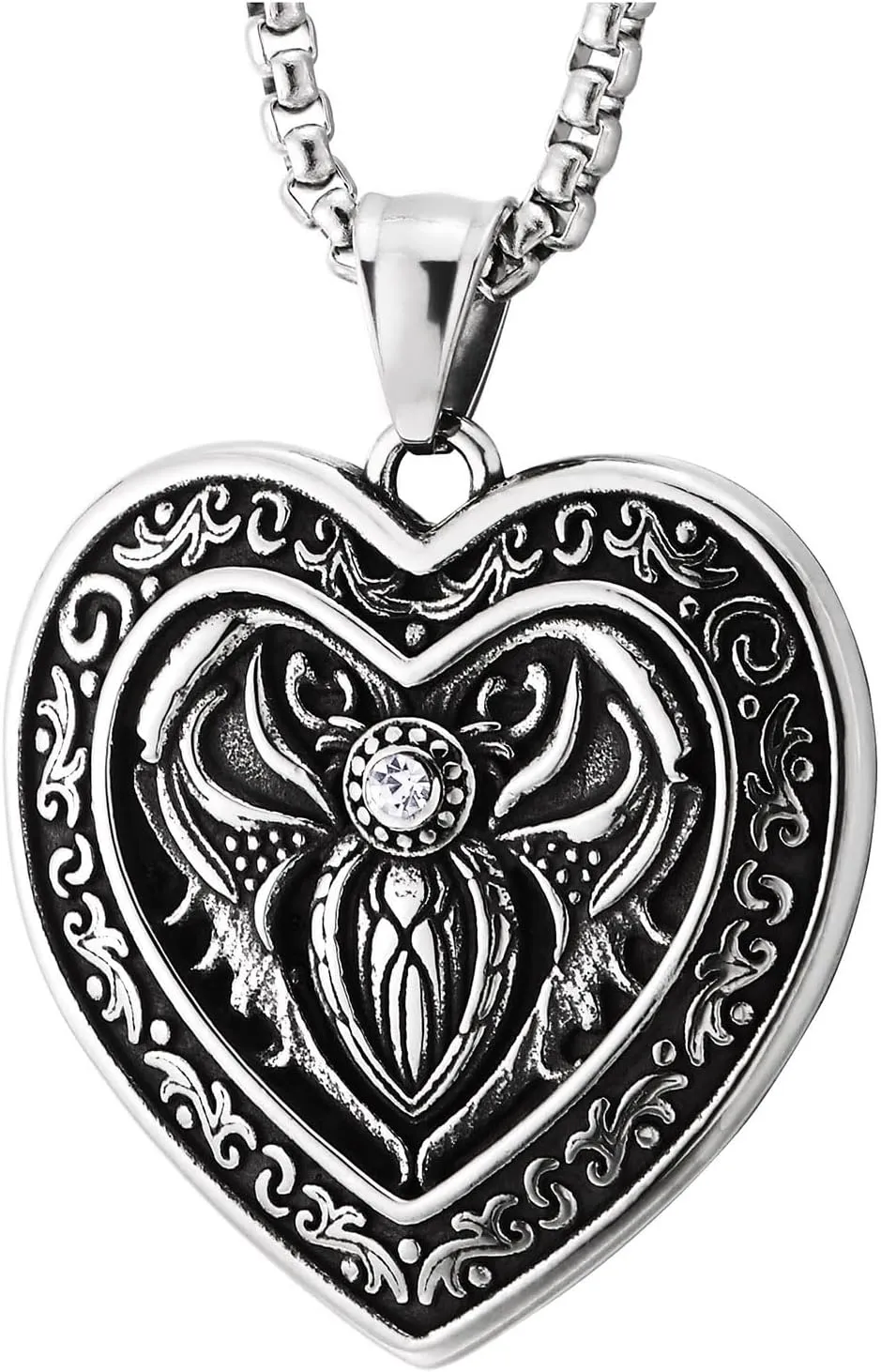 COOLSTEELANDBEYOND Women Gothic Heart Pendant Necklace Scarab Beetle with CZ, Steel Vintage Victorian Steampunk Jewelry