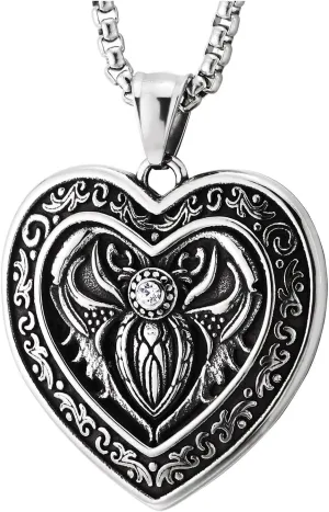 COOLSTEELANDBEYOND Women Gothic Heart Pendant Necklace Scarab Beetle with CZ, Steel Vintage Victorian Steampunk Jewelry