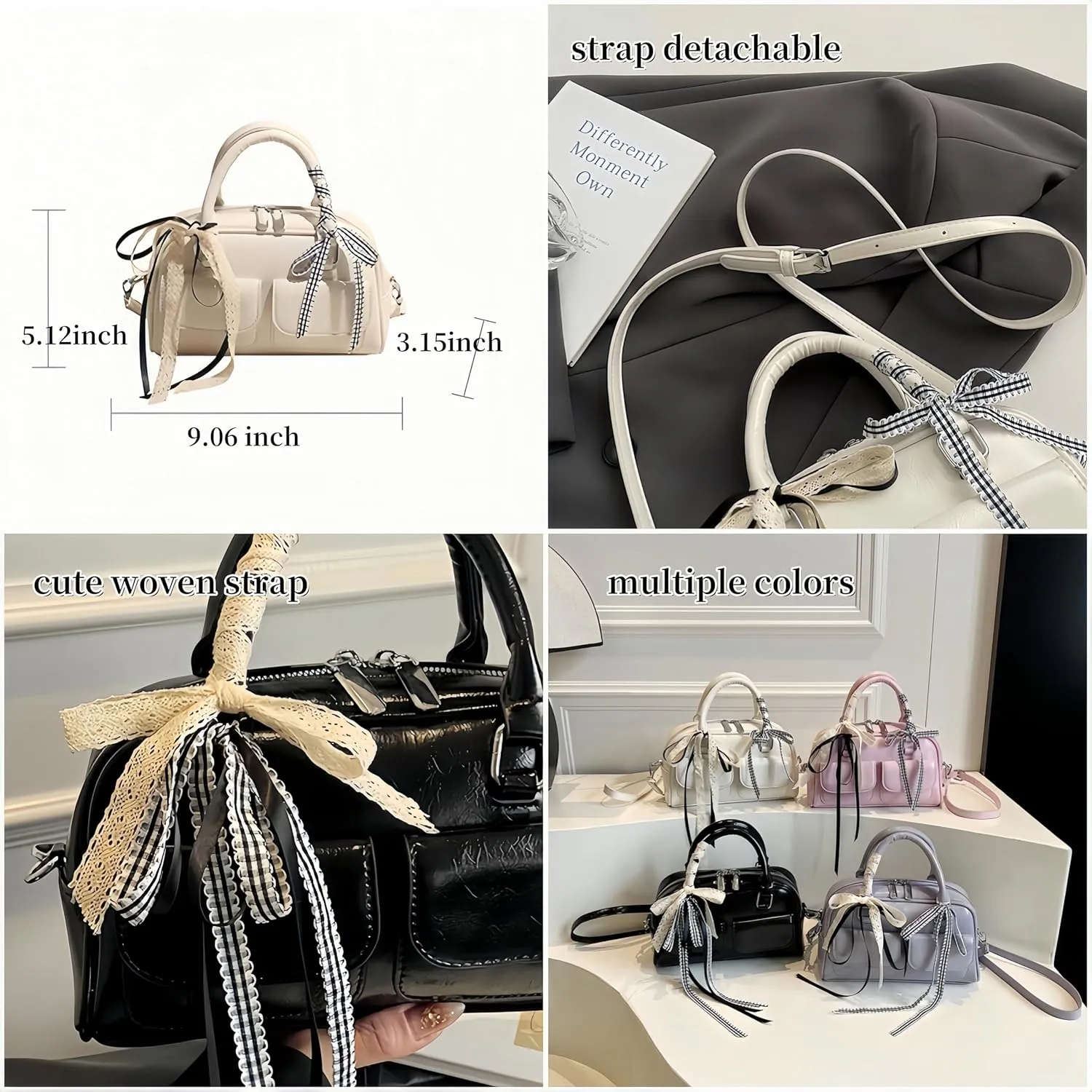 Coquette Leather Shoulder Purse Women Lace Bow Tie Balletcore Boston Bag Cute Aesthetic Handbag Multi Pockets