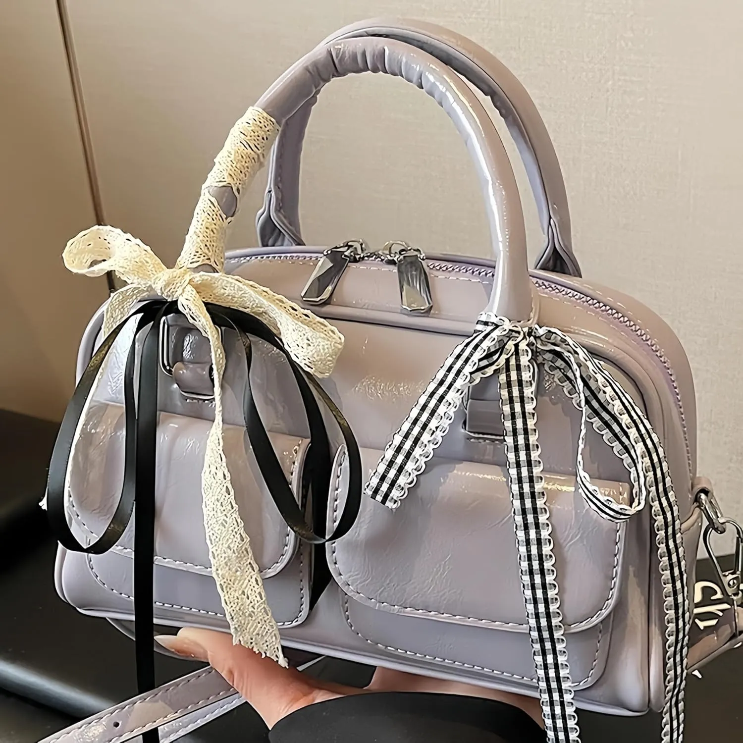 Coquette Leather Shoulder Purse Women Lace Bow Tie Balletcore Boston Bag Cute Aesthetic Handbag Multi Pockets