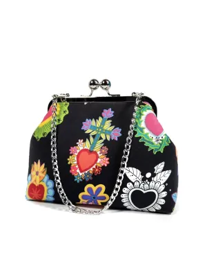 Corazones Sacred Heart Kisslock Clutch, Retro Evening Bag with Chain, Novelty Purse, Gift for Women