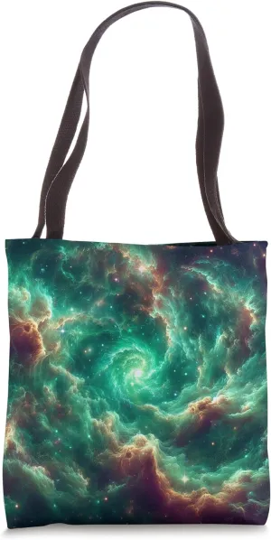 Cosmic Mystique Nebula - Swirling Space Greenery Tote Bag