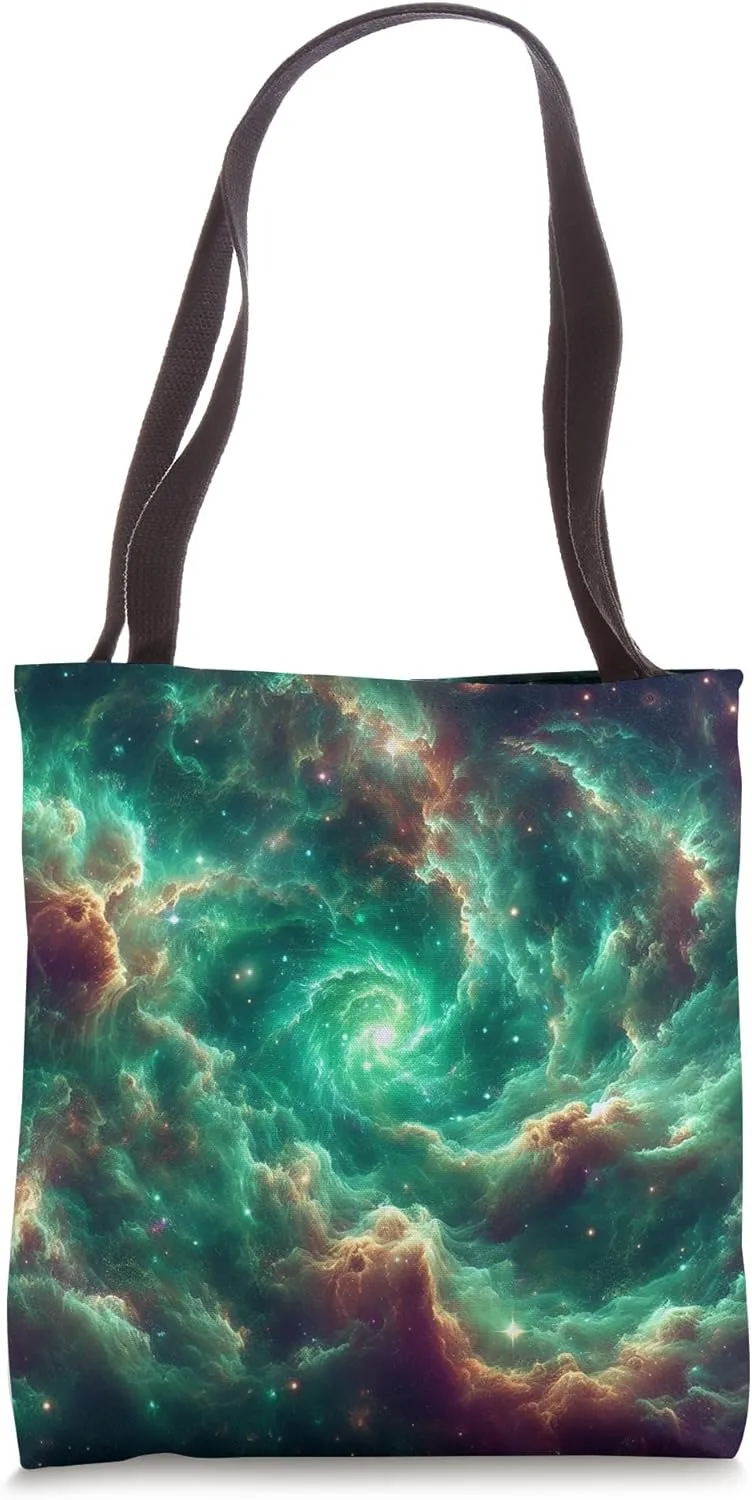 Cosmic Mystique Nebula - Swirling Space Greenery Tote Bag