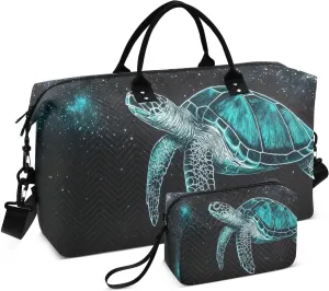 Cosmic Turtle Starry Black Travel Duffel Bag with Toiletry Bag Weekender Bag for Carry on Sports Gym Bag for Yoga Sports Gym