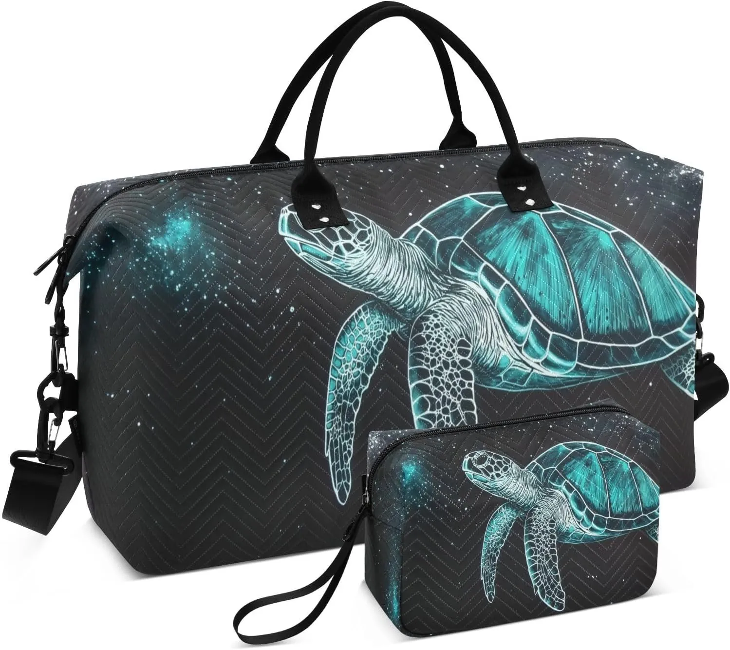 Cosmic Turtle Starry Black Travel Duffel Bag with Toiletry Bag Weekender Bag for Carry on Sports Gym Bag for Yoga Sports Gym