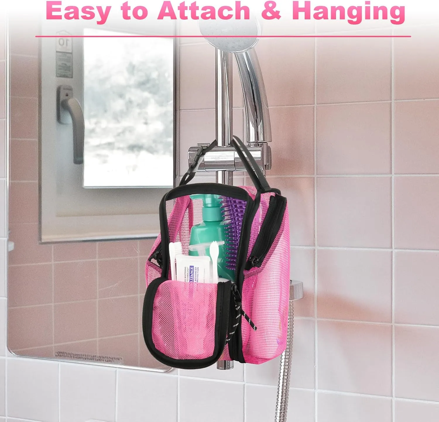 Cosmos Mesh Shower Caddy Toiletry Organizer Hanging Shower Tote Bag, Quick Dry Shower Organizer Portable Bath Bag with Durable Zippers & Side Pockets for Travel Gym Swimming Beach & Camp (Hot Pink)