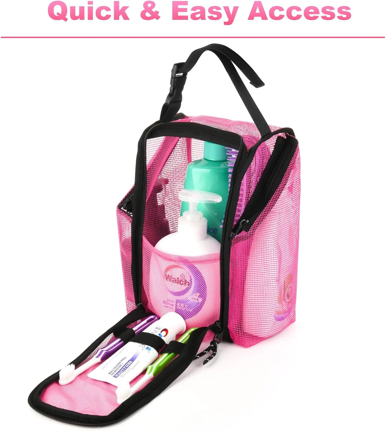 Cosmos Mesh Shower Caddy Toiletry Organizer Hanging Shower Tote Bag, Quick Dry Shower Organizer Portable Bath Bag with Durable Zippers & Side Pockets for Travel Gym Swimming Beach & Camp (Hot Pink)