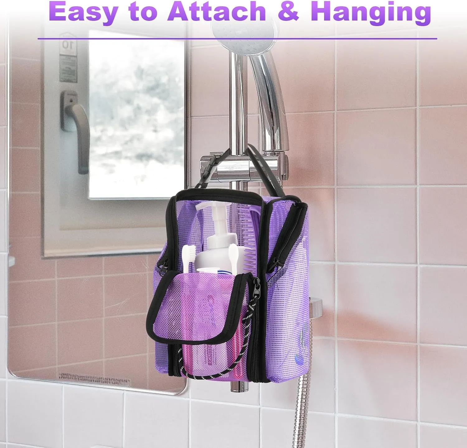 Cosmos Mesh Shower Caddy Toiletry Organizer Hanging Shower Tote Bag, Quick Dry Shower Organizer Portable Bath Bag with Durable Zippers & Side Pockets for Travel Gym Swimming Beach & Camp (Purple)