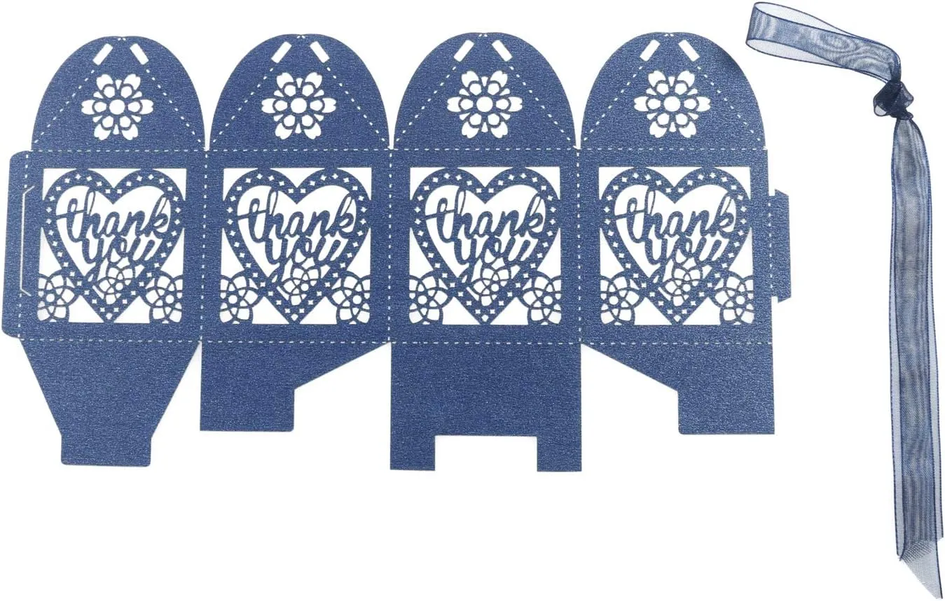 COTOPHER Laser Cut Boxes, 100pcs Thank You Gift Boxes Wedding Party Favor Boxes Lace Candy Boxes for Wedding Bridal Shower Baby Shower Birthday Party Decorations with Ribbons (2x2x2.75inch, Navy, 100)