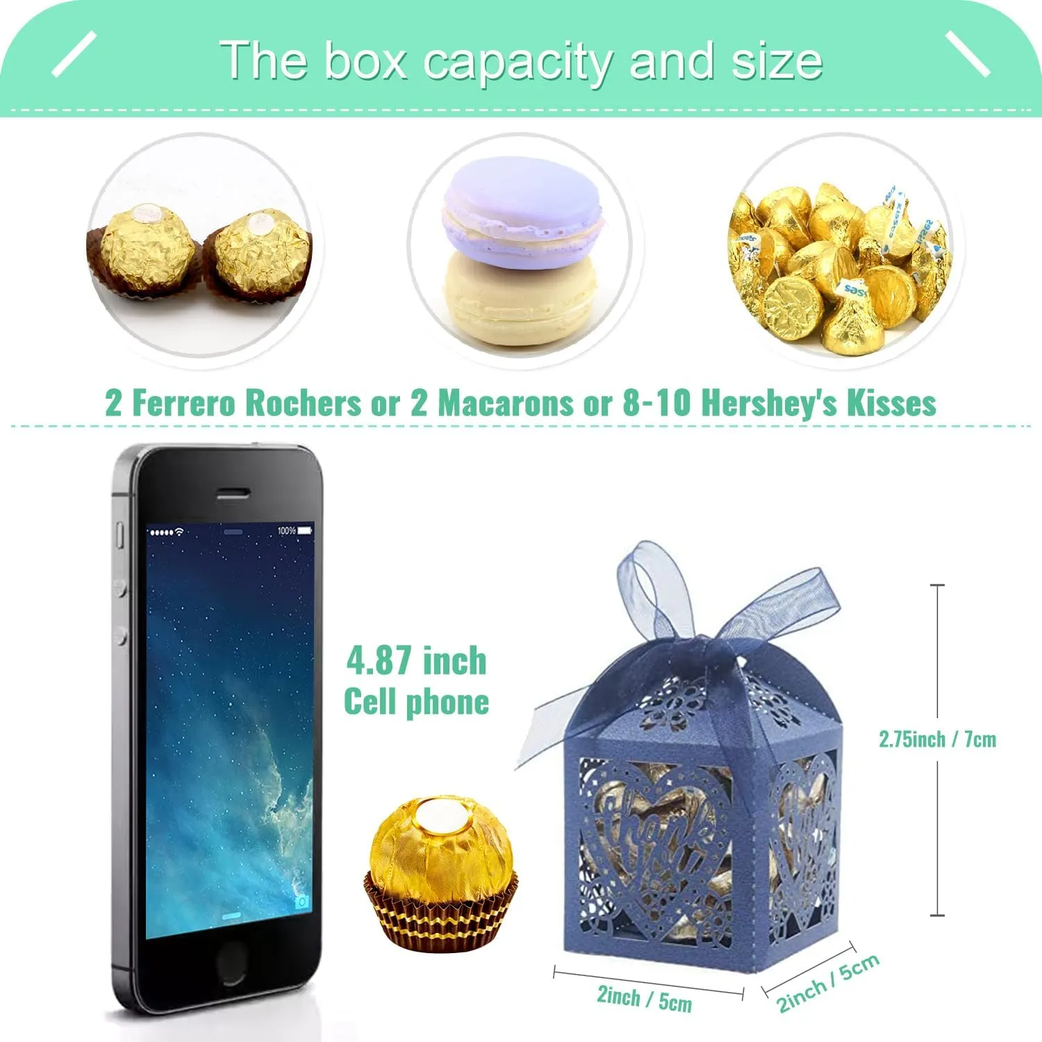 COTOPHER Laser Cut Boxes, 100pcs Thank You Gift Boxes Wedding Party Favor Boxes Lace Candy Boxes for Wedding Bridal Shower Baby Shower Birthday Party Decorations with Ribbons (2x2x2.75inch, Navy, 100)