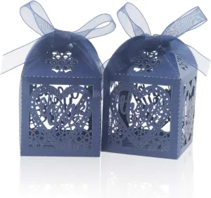 COTOPHER Laser Cut Boxes, 100pcs Thank You Gift Boxes Wedding Party Favor Boxes Lace Candy Boxes for Wedding Bridal Shower Baby Shower Birthday Party Decorations with Ribbons (2x2x2.75inch, Navy, 100)