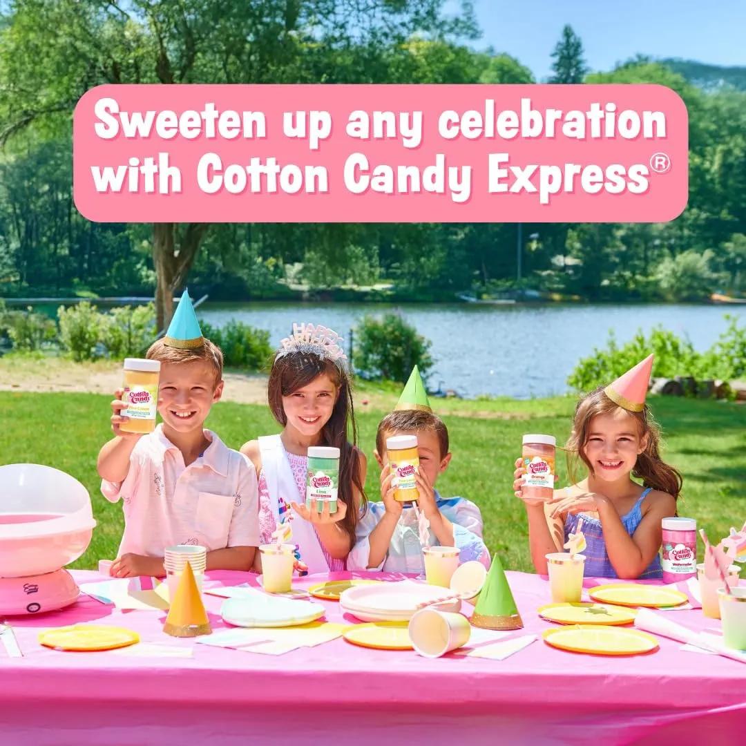 Cotton Candy Express CC1000-S Cotton Candy Machine, with 5 - 11oz. Jars of Cherry, Grape, Blue Raspberry, Orange, Pink Vanilla Floss Sugar & 50 Paper Cones Easy to Use and Clean
