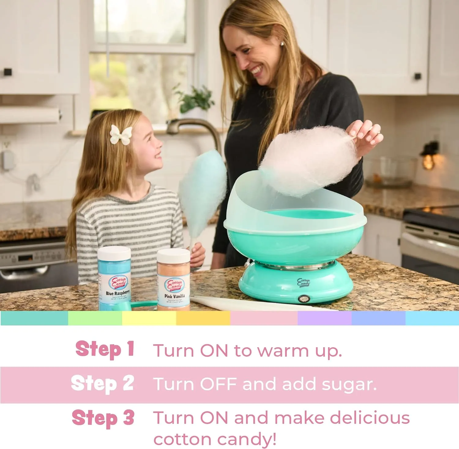 Cotton Candy Express CC1000-S Cotton Candy Machine, with 5 - 11oz. Jars of Cherry, Grape, Blue Raspberry, Orange, Pink Vanilla Floss Sugar & 50 Paper Cones Easy to Use and Clean