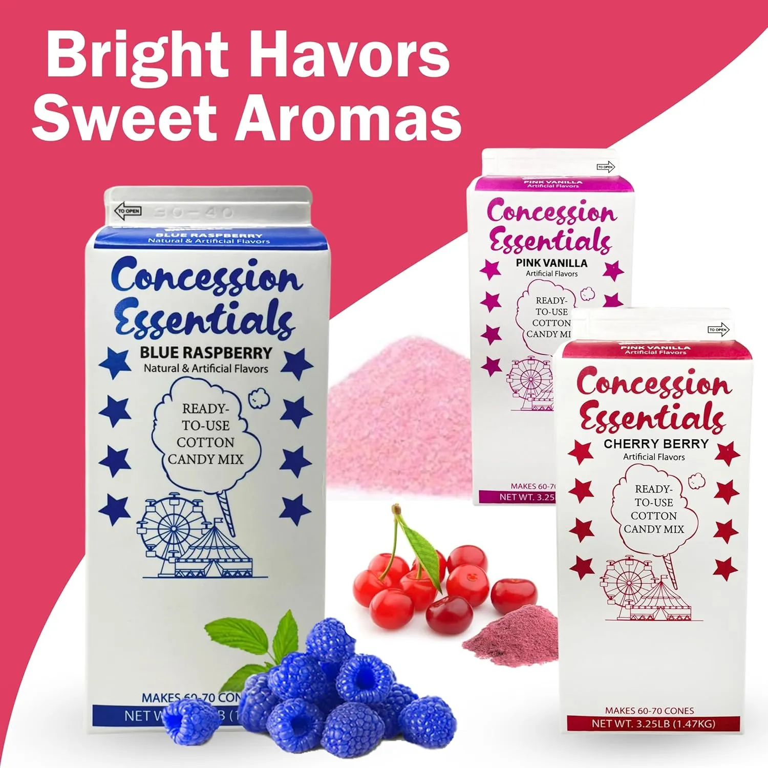 Cotton Candy Floss Sugar Concession Essentials. Blue Raspberry, Cherry,Pink Vanilla,- 3.25 lbs Per Carton. Total 9.75lbs