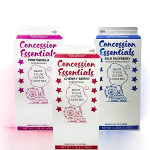 Cotton Candy Floss Sugar Concession Essentials. Blue Raspberry, Cherry,Pink Vanilla,- 3.25 lbs Per Carton. Total 9.75lbs