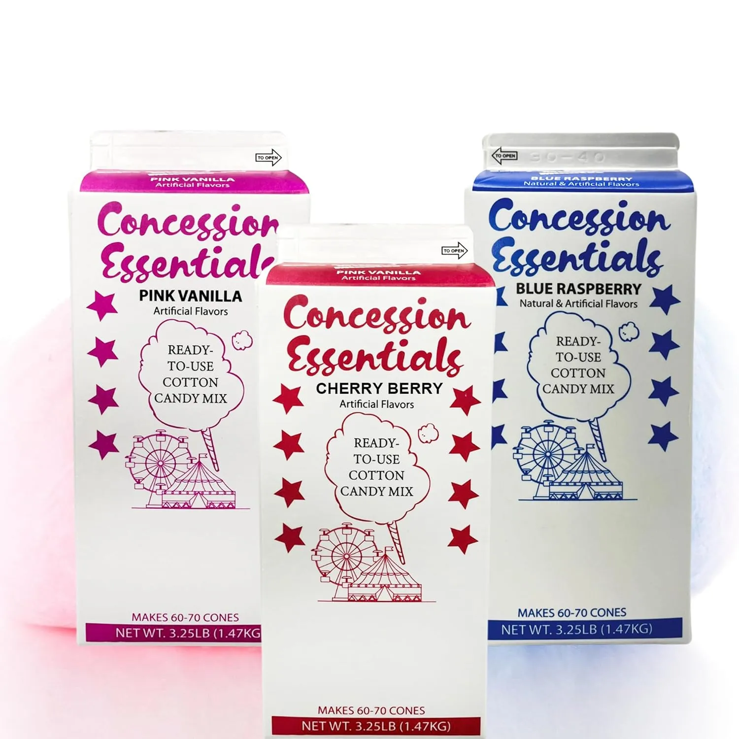 Cotton Candy Floss Sugar Concession Essentials. Blue Raspberry, Cherry,Pink Vanilla,- 3.25 lbs Per Carton. Total 9.75lbs