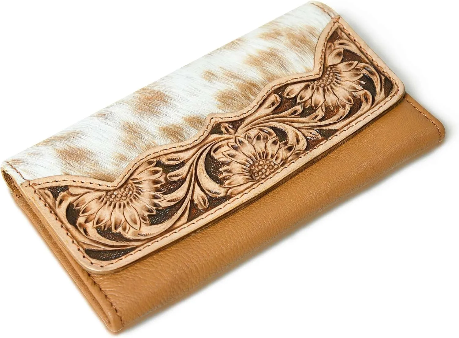 Cowhide Leather Wallet for Women – Handcrafted Tooled Sunflower Western Clutch – Hair-On Hide Purse with Snap Closure – Gift for Western Fashion Lovers