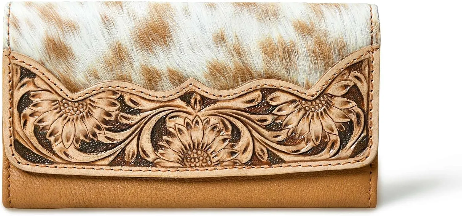 Cowhide Leather Wallet for Women – Handcrafted Tooled Sunflower Western Clutch – Hair-On Hide Purse with Snap Closure – Gift for Western Fashion Lovers