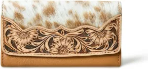 Cowhide Leather Wallet for Women – Handcrafted Tooled Sunflower Western Clutch – Hair-On Hide Purse with Snap Closure – Gift for Western Fashion Lovers