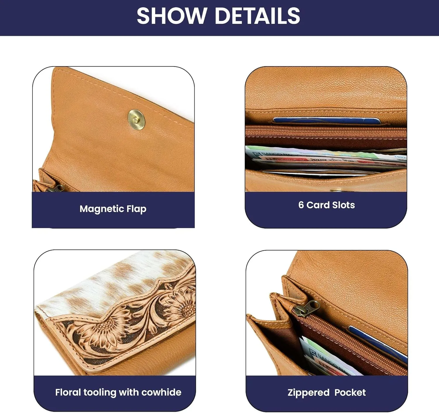 Cowhide Leather Wallet for Women – Handcrafted Tooled Sunflower Western Clutch – Hair-On Hide Purse with Snap Closure – Gift for Western Fashion Lovers