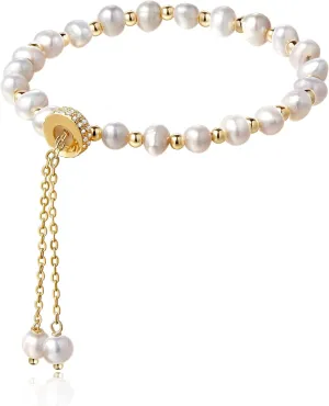 Cowlyn Pearl Bracelet Chain Link Baroque Culture Bossimi 14K Gold Filled Adjustable Fashion Valentine Charm Dainty Handmade Jewelry for Women Wife Mother