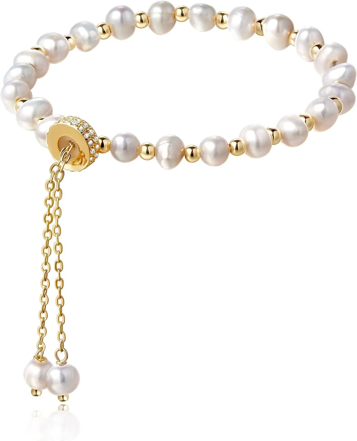 Cowlyn Pearl Bracelet Chain Link Baroque Culture Bossimi 14K Gold Filled Adjustable Fashion Valentine Charm Dainty Handmade Jewelry for Women Wife Mother