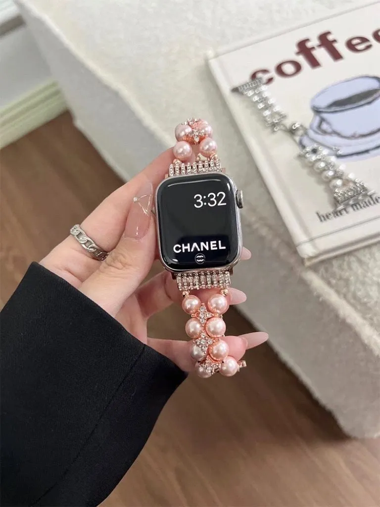 creamtopmall Diamond Studded Chain Pearl Strap iWatch Band Series 12 3 4 5 6 7 8 9 Ultra Generation 38mm 40mm 41mm 42mm 44mm 45mm 49mm   Apple Watch Case