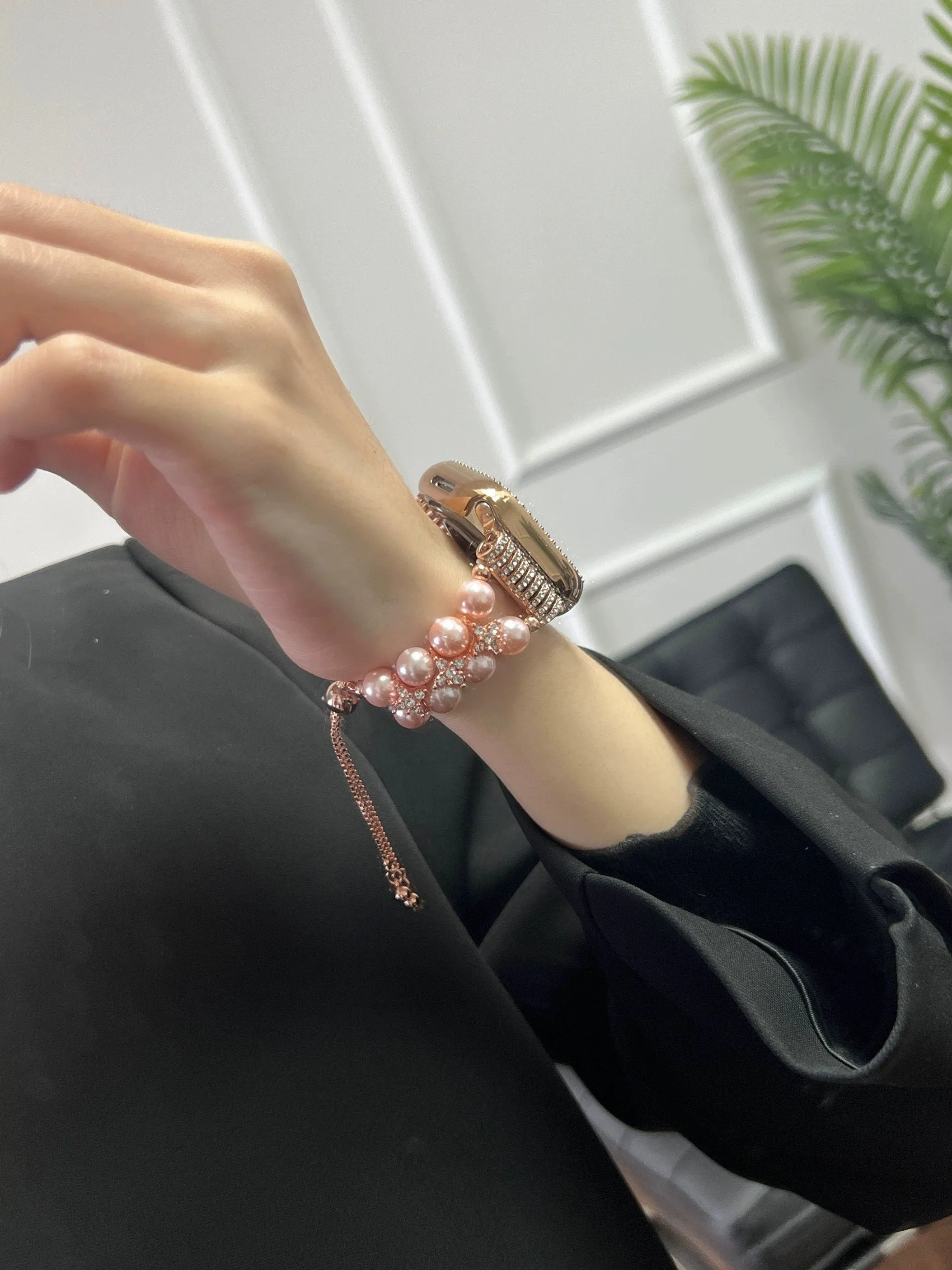 creamtopmall Diamond Studded Chain Pearl Strap iWatch Band Series 12 3 4 5 6 7 8 9 Ultra Generation 38mm 40mm 41mm 42mm 44mm 45mm 49mm   Apple Watch Case