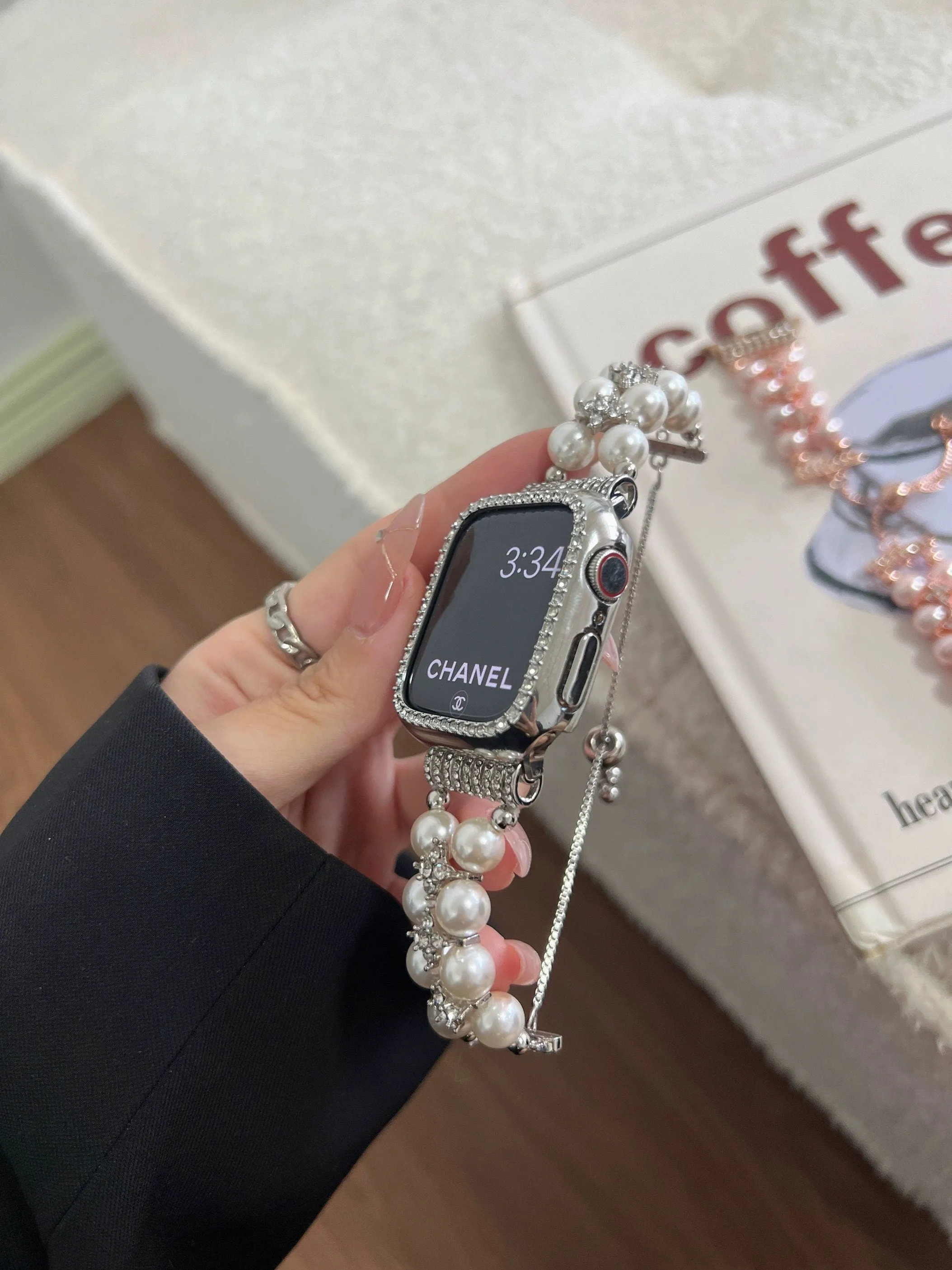 creamtopmall Diamond Studded Chain Pearl Strap iWatch Band Series 12 3 4 5 6 7 8 9 Ultra Generation 38mm 40mm 41mm 42mm 44mm 45mm 49mm   Apple Watch Case