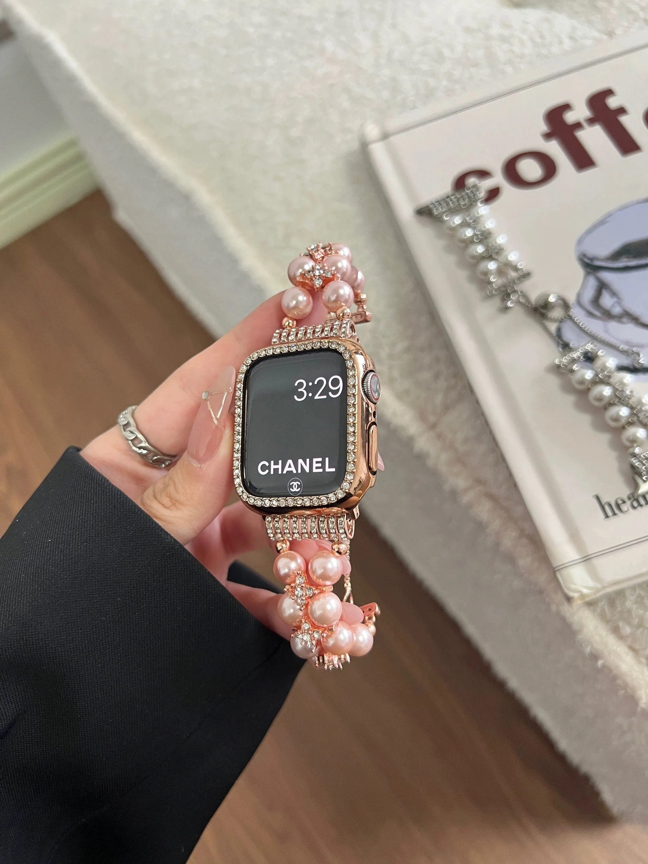 creamtopmall Diamond Studded Chain Pearl Strap iWatch Band Series 12 3 4 5 6 7 8 9 Ultra Generation 38mm 40mm 41mm 42mm 44mm 45mm 49mm   Apple Watch Case