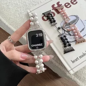 creamtopmall Diamond Studded Chain Pearl Strap iWatch Band Series 12 3 4 5 6 7 8 9 Ultra Generation 38mm 40mm 41mm 42mm 44mm 45mm 49mm   Apple Watch Case