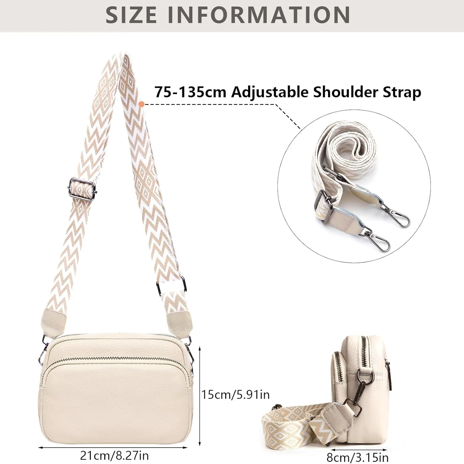 Crossbody Bag for Women Genuine Leather Wide Strap Shoulder Bag Purse Trendy Design Camera Crossbody Purse Top Zip