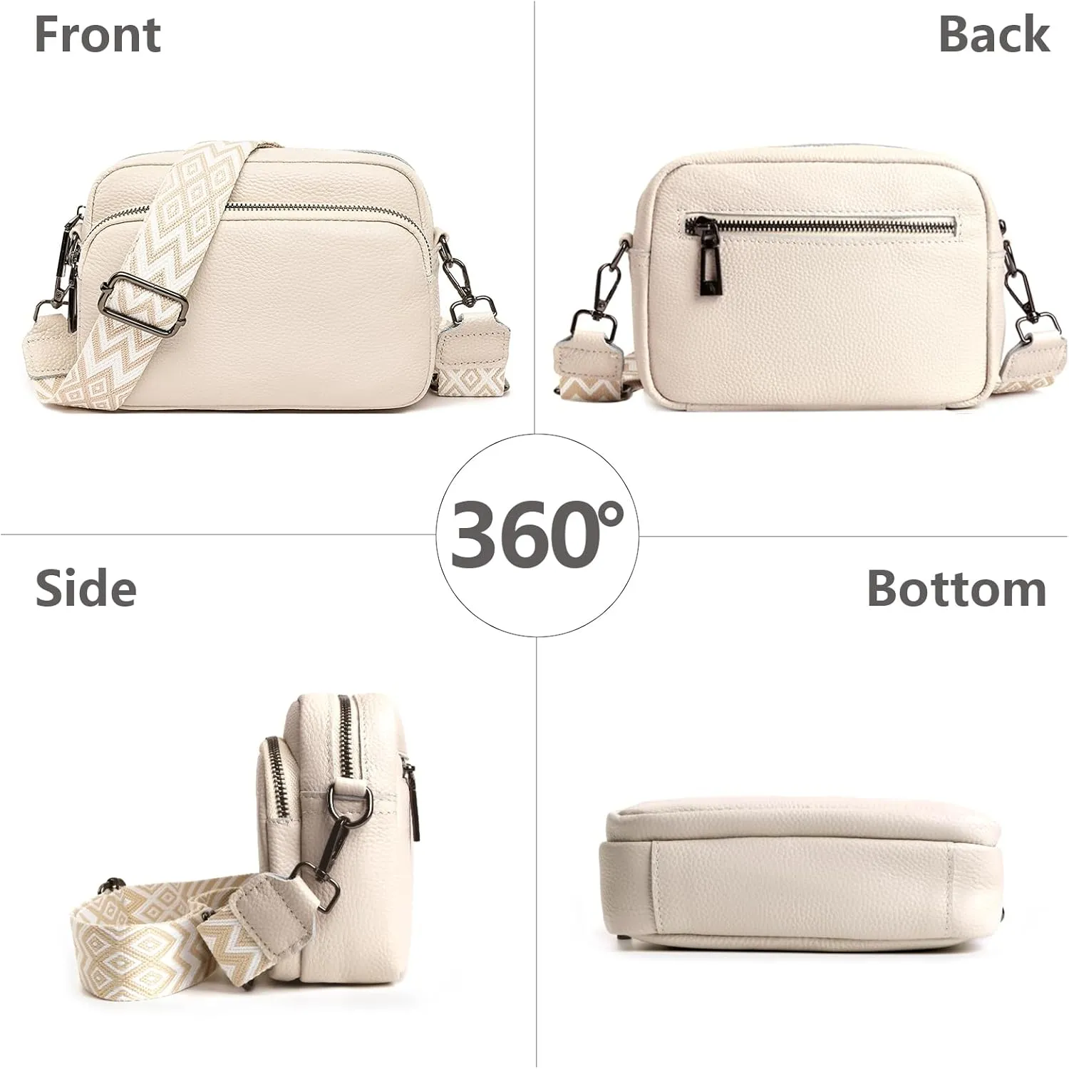 Crossbody Bag for Women Genuine Leather Wide Strap Shoulder Bag Purse Trendy Design Camera Crossbody Purse Top Zip