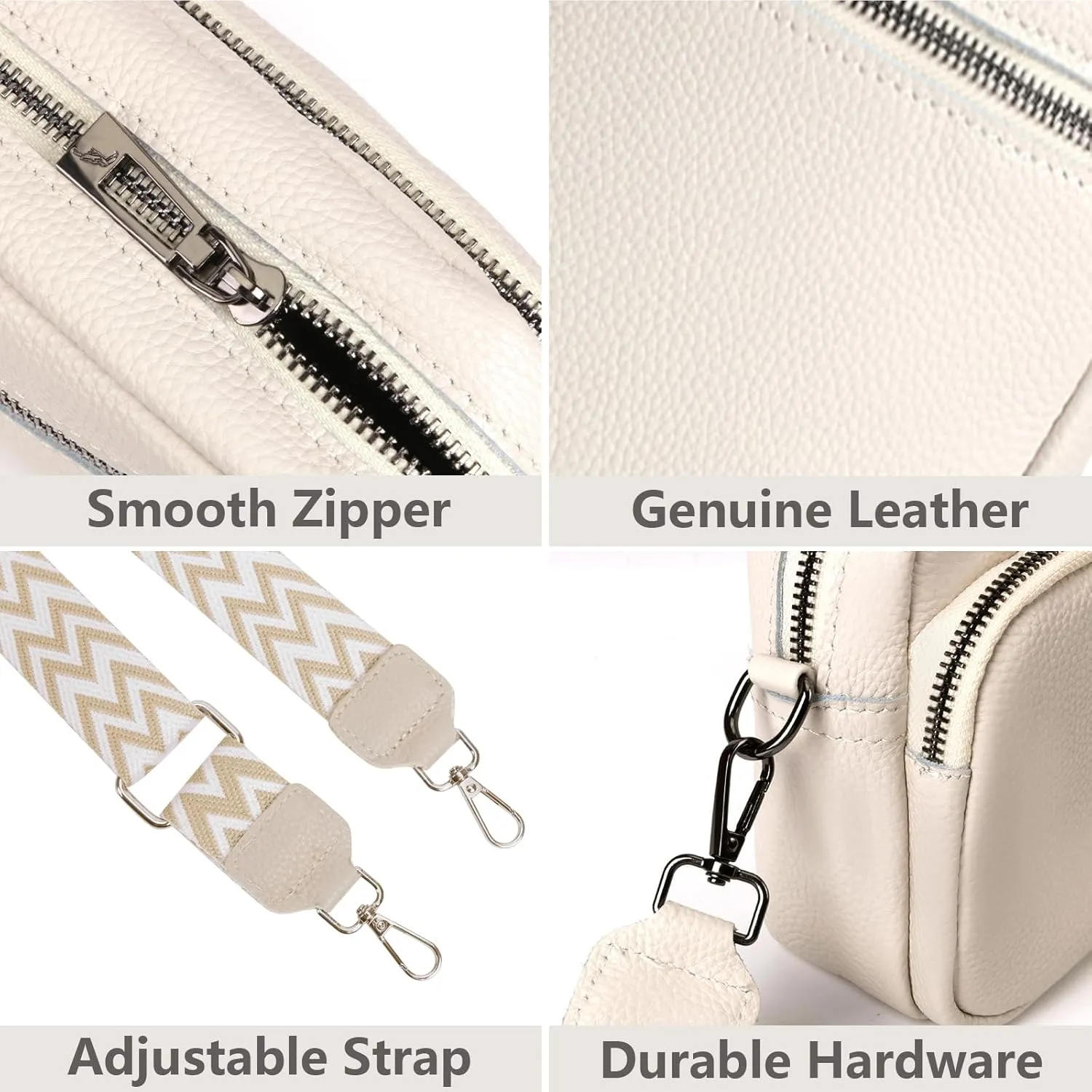 Crossbody Bag for Women Genuine Leather Wide Strap Shoulder Bag Purse Trendy Design Camera Crossbody Purse Top Zip
