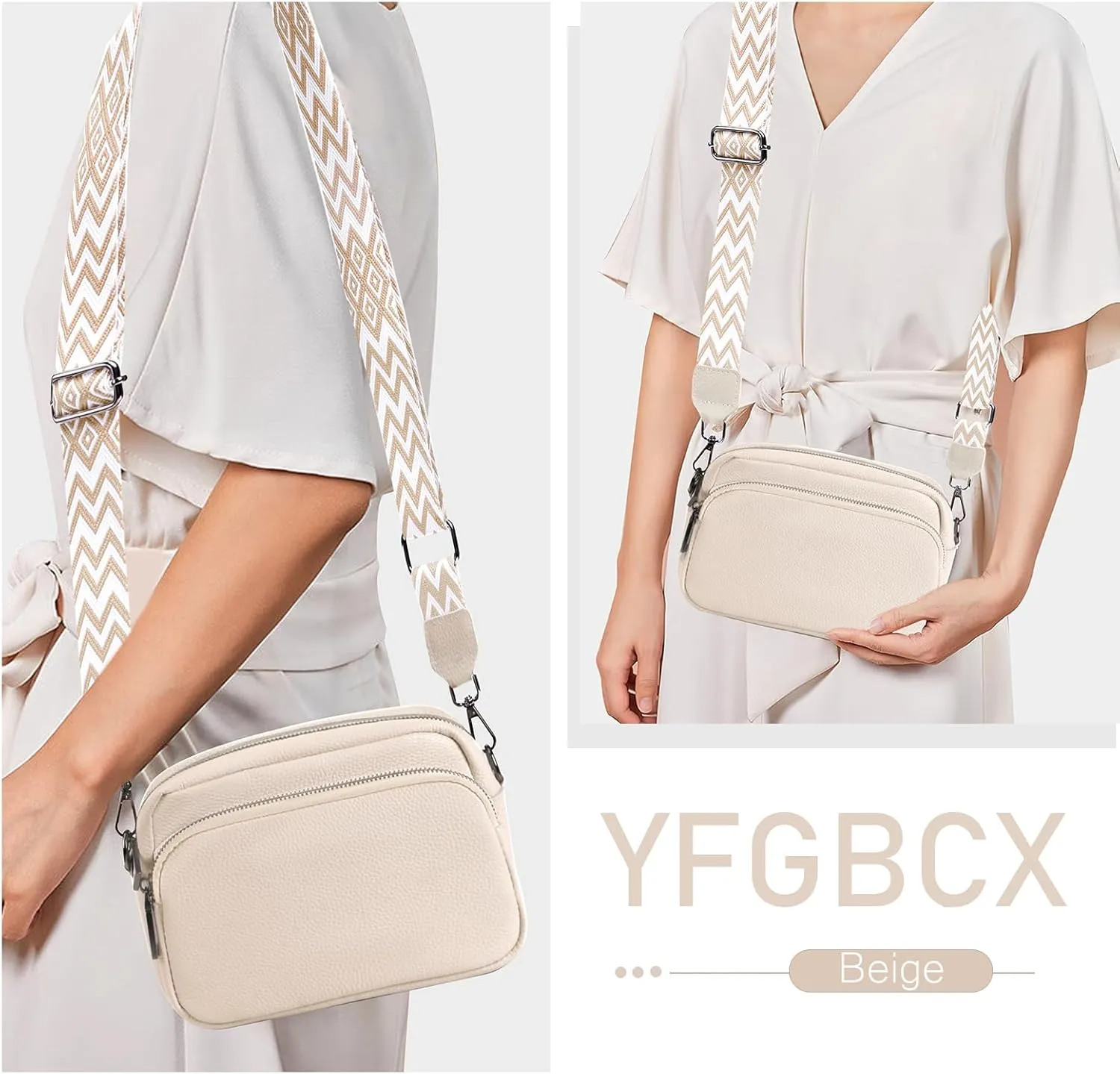 Crossbody Bag for Women Genuine Leather Wide Strap Shoulder Bag Purse Trendy Design Camera Crossbody Purse Top Zip