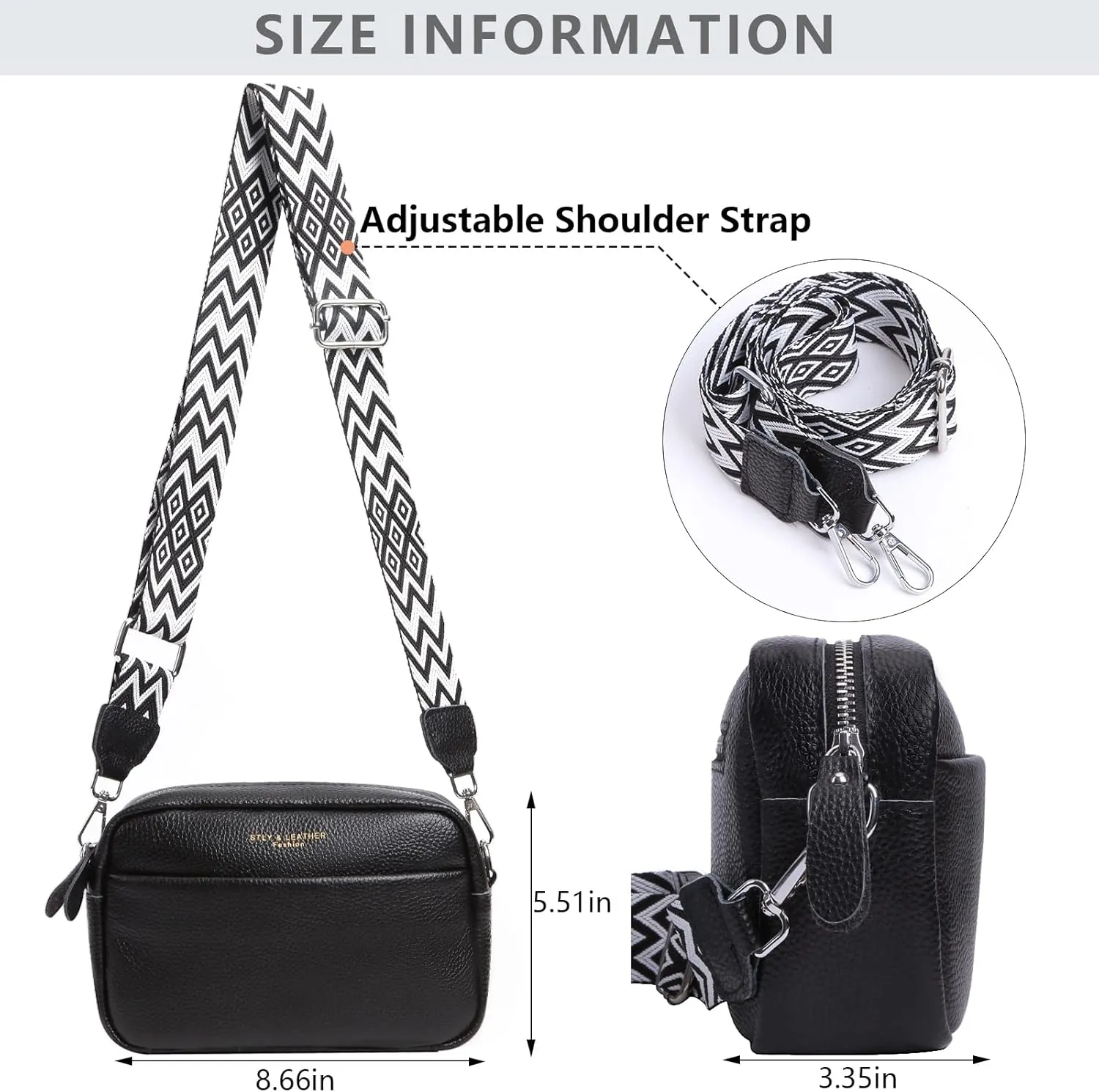 Crossbody Bag for Women Genuine Leather Wide Strap Shoulder Bag Purse Trendy Design Camera Crossbody Purse Top Zip