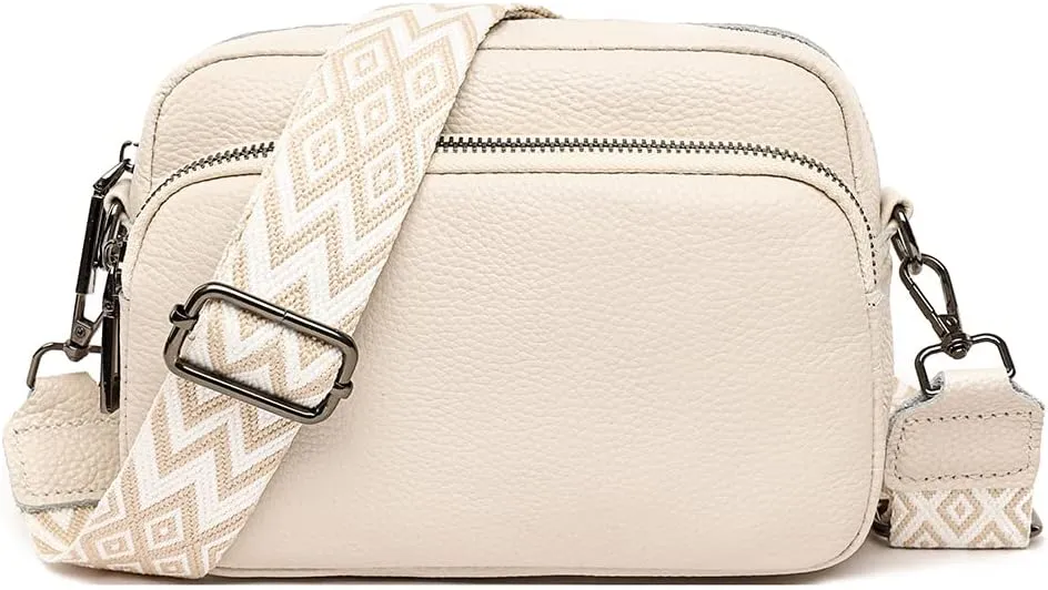 Crossbody Bag for Women Genuine Leather Wide Strap Shoulder Bag Purse Trendy Design Camera Crossbody Purse Top Zip